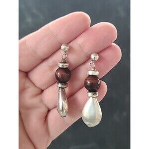 925 Sterling Silver Tiger's Eye Beaded Dangling Earrings Vintage READ